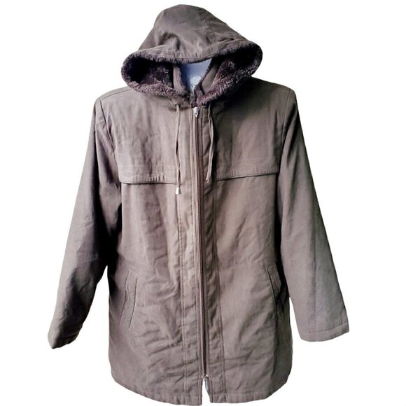 ALIA Khaki Green Hooded Fur Double Zipper Winter Jacket Size L - Picture 2 of 8